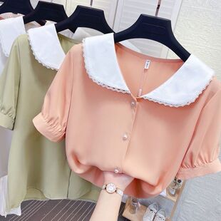 很仙的钩花翻边娃娃领短袖雪纺衫女夏甜美珍珠单排扣衬衫chic上衣
