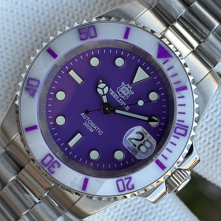 STEELDIVE精钢潜水手表夜光防水自动机械商务手表紫 浅紫水鬼NH35