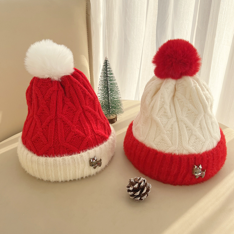 圣诞小鹿儿童帽子冬季套头帽加厚加绒男女宝宝保暖针织防风毛线帽
