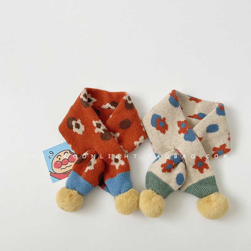 INS 작은 꽃 어린이 양모 스카프 가을 겨울  ??소년과 소녀를위한 따뜻한 두꺼운 니트 방풍 목 스카프