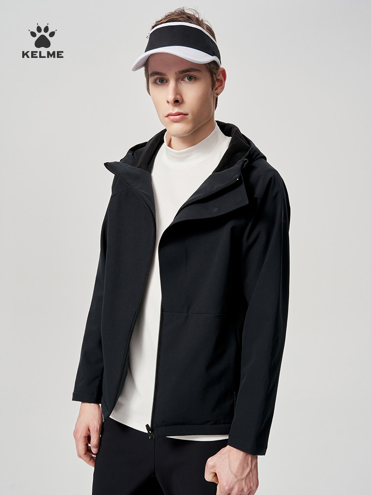 KELME KALMEI 짠 재킷 남성 겨울 훈련 방풍 후드 벨벳 스포츠 재킷 소프트 쉘 윈드 브레이커 충전