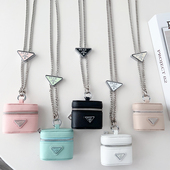 潮牌防丢斜挎金属链条适用AirPods4耳机套高级十字纹pro2代无线蓝牙耳机软壳AirPods3挂脖2 4代皮质保护套