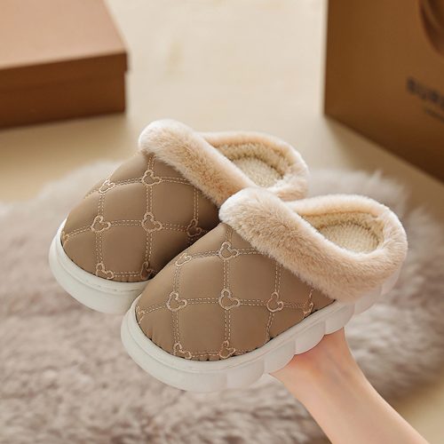 儿童棉拖鞋冬季男女童卡通可爱兔熊防水PU皮面室内居家保暖毛绒