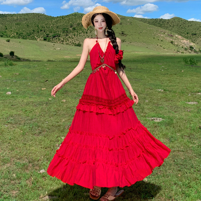 Acaine红色长款v领露肩收腰挂脖吊带连衣裙女夏法式气质性感裙子