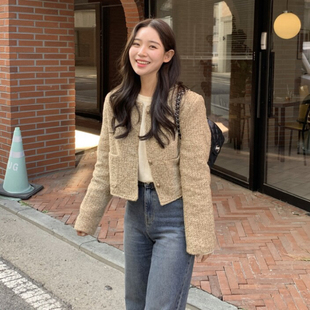 开衫 Korea 粗花呢长袖 复古气质圆领短款 上衣 法式