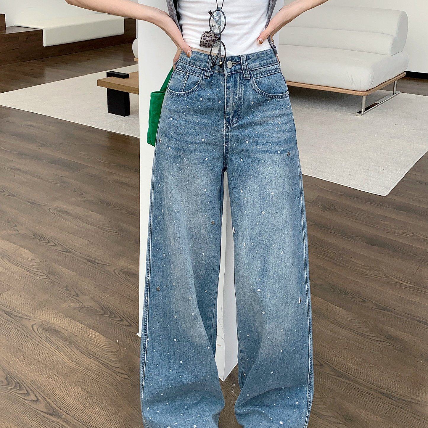 实拍2025秋季新款胖mm大码烫钻高腰直筒牛仔裤宽松垂感阔腿拖地裤,女装/女士精品,大码裤装,淘宝优惠券,粉丝福利购,淘宝优惠卷