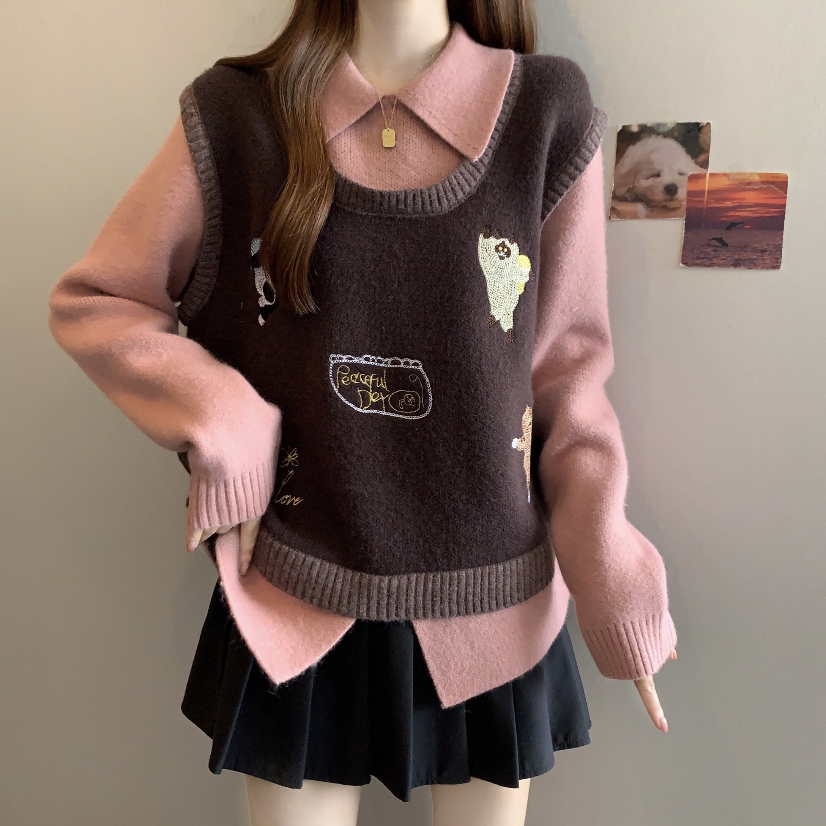 实拍~大码咖色翻领毛衣胖mm假两件针织衫女秋冬显瘦遮肉上衣