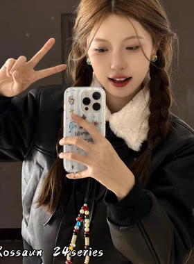 Rossaun 黑色翻领皮衣外套气质百搭2024冬季新款皮毛一体机车服女