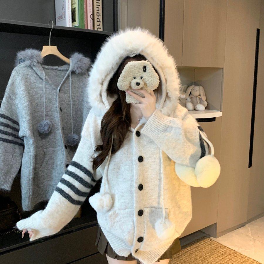 实拍大码女秋冬韩系高级感可拆卸毛领连帽条纹针织开衫毛衣外套,女装/女士精品,常规大码外套,淘宝优惠券,粉丝福利购,淘宝优惠卷