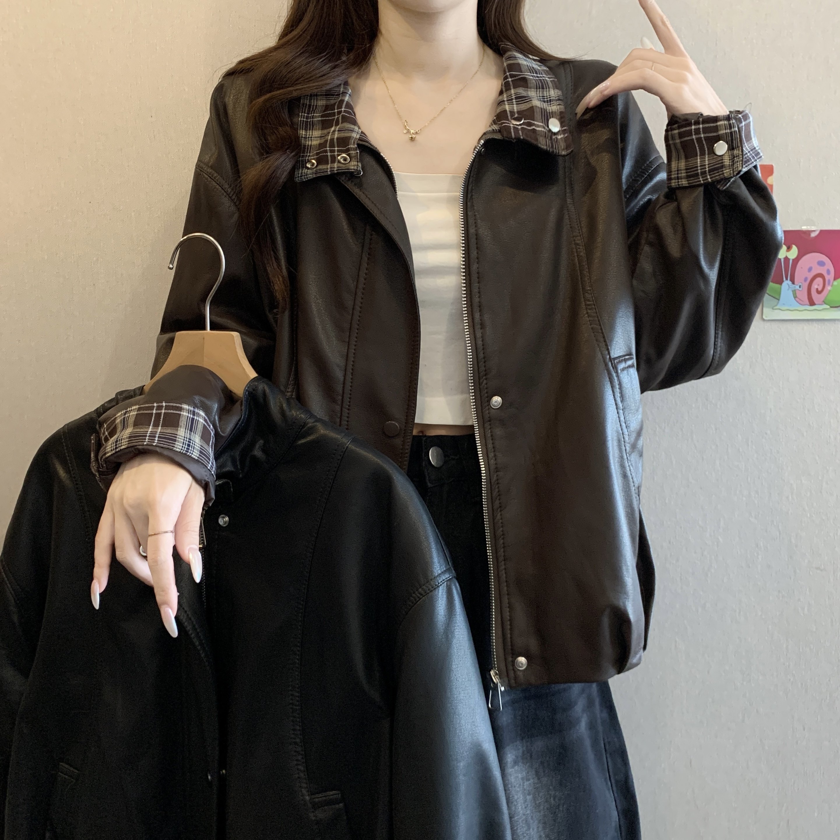 实拍大码女装秋冬新款韩版格子加绒皮衣外套胖妹妹遮肚气质上衣