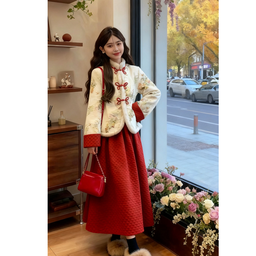 2025新中式国风盘扣加绒棉服外套蓬蓬捏褶半身长裙富家千金套装