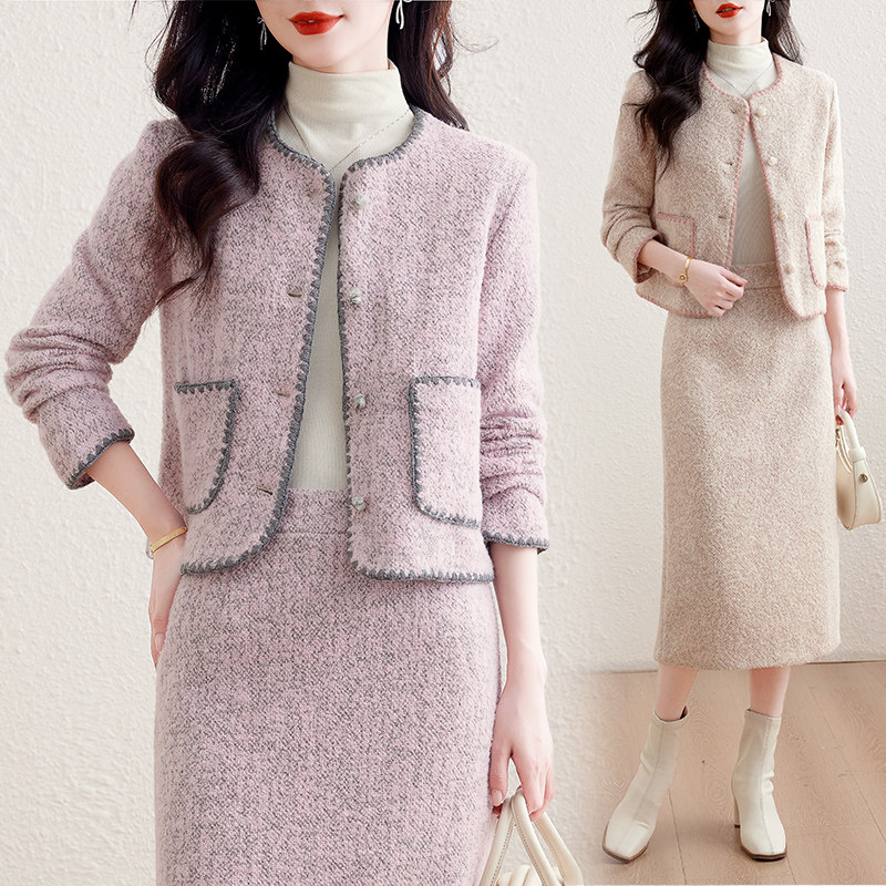 实拍小香风套装女2025冬季新款高端精致粗花呢长裙加厚显瘦两件套