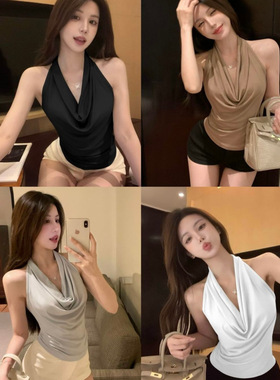 夏季纯欲辣妹ins无袖露背荡领挂脖吊带背心新款设计感打底上衣女