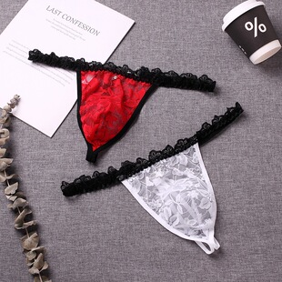 新款男士蕾丝透明性感丁字裤T裤伪娘男式内裤网纱三角裤男生内裤