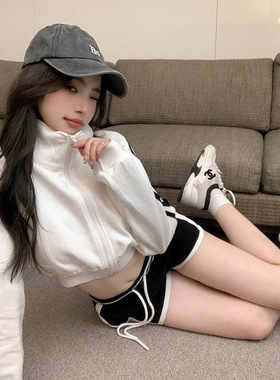 ins性感纯欲露脐鱼鳞开衫长袖拉链外套修身时尚辣妹短款上衣女潮