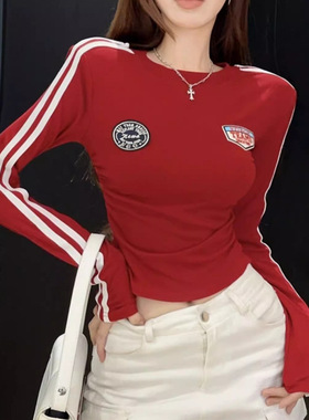 ins纯欲修身性感拼接短款显瘦长袖t恤女秋冬辣妹时尚打底衫上衣女