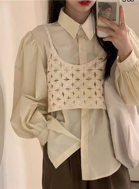 淑女港风刺绣蕾丝拼钩花吊带上衣女新款短款背心外穿无袖外搭纯棉