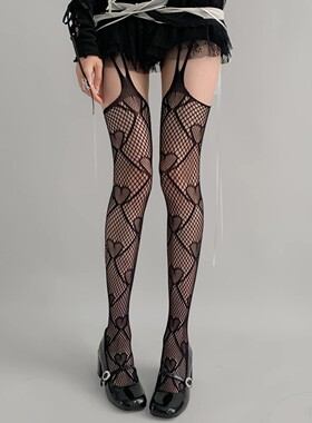 早春新品辣妹甜酷假大腿吊带渔网袜薄丝袜红色咖色爱心网格