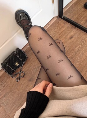 蝴蝶结黑色丝袜女夏季薄款印花小众设计打底连裤性感黑丝袜