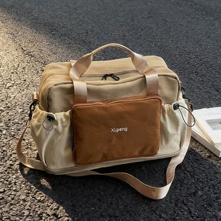 短途旅行包男女简约拼接纯色健身包大容量外出通勤单肩斜挎手提包