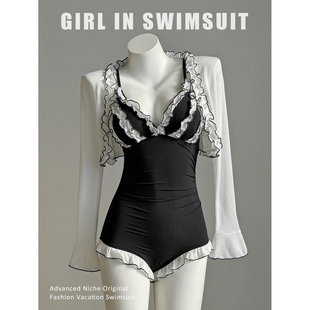 V领泳衣小胸吊带泳装 开衫 泡温泉 女士连体显瘦长袖 游泳衣2025新款