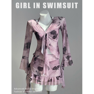 长袖 甜美沙滩带钢托聚拢保守遮肉显瘦泡温泉泰国度假 泳衣女分体式