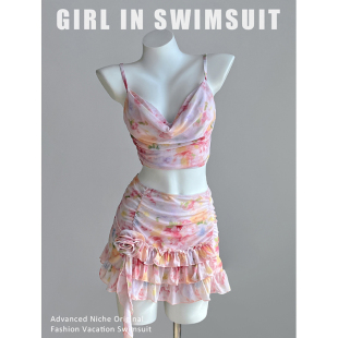 甜欲风泳装 少女碎花泳衣女分体高腰裙式 遮肚钢托聚拢超仙2025新款