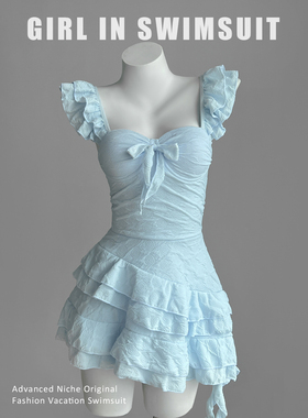 甜美少女蓝色泳衣女连体裙式保守显瘦遮肚子高颜值拍照好看泡温泉