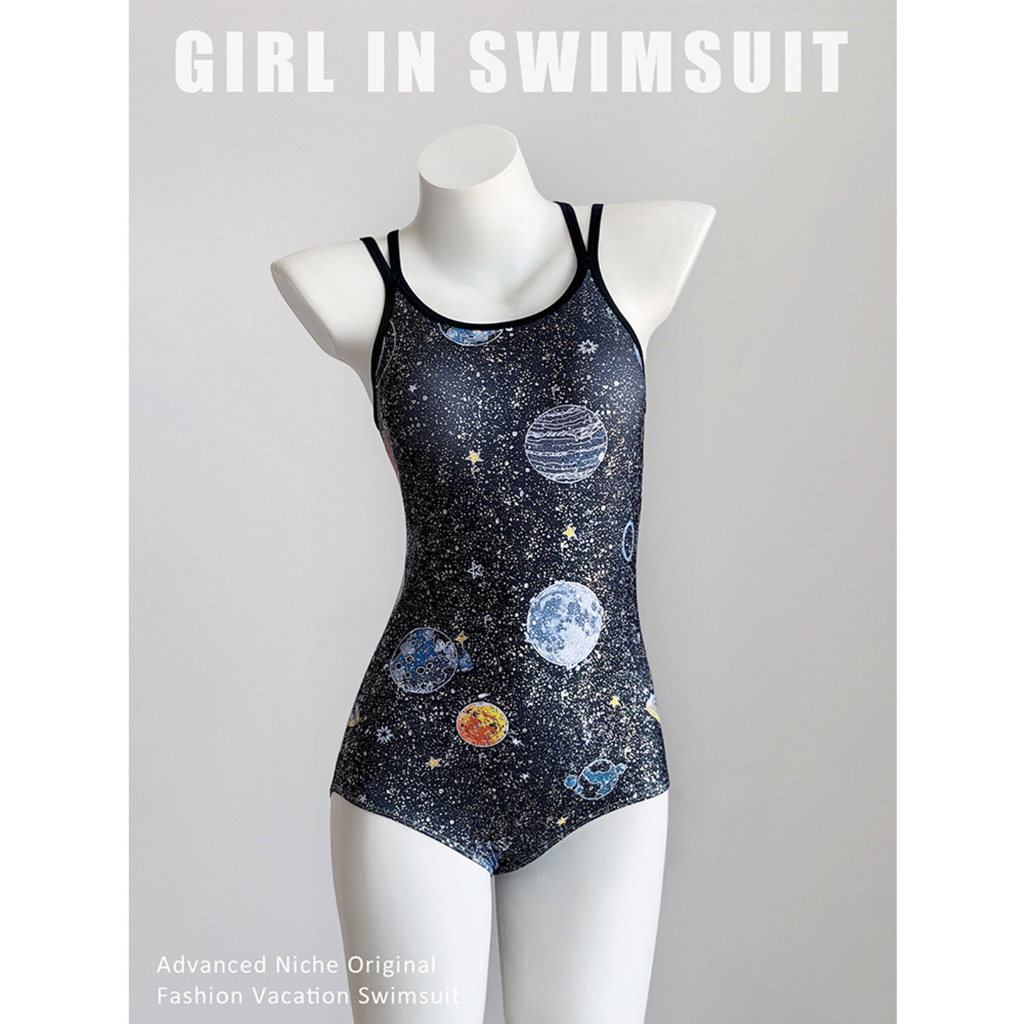星空宇宙印花连体泳衣女专业竞速三角泳装吊带式露背性感修身显瘦