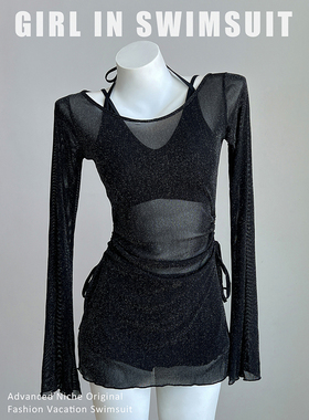 黑色亮丝性感透视长袖罩衫分体泳衣女小胸不空杯高级感度假比基尼