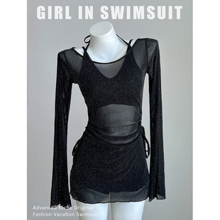 黑色亮丝性感透视长袖罩衫分体泳衣女小胸不空杯高级感度假比基尼