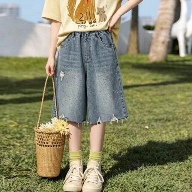女童牛仔七分裤2026夏季新款洋气闪钻牛仔短裤中大童百搭薄款中裤
