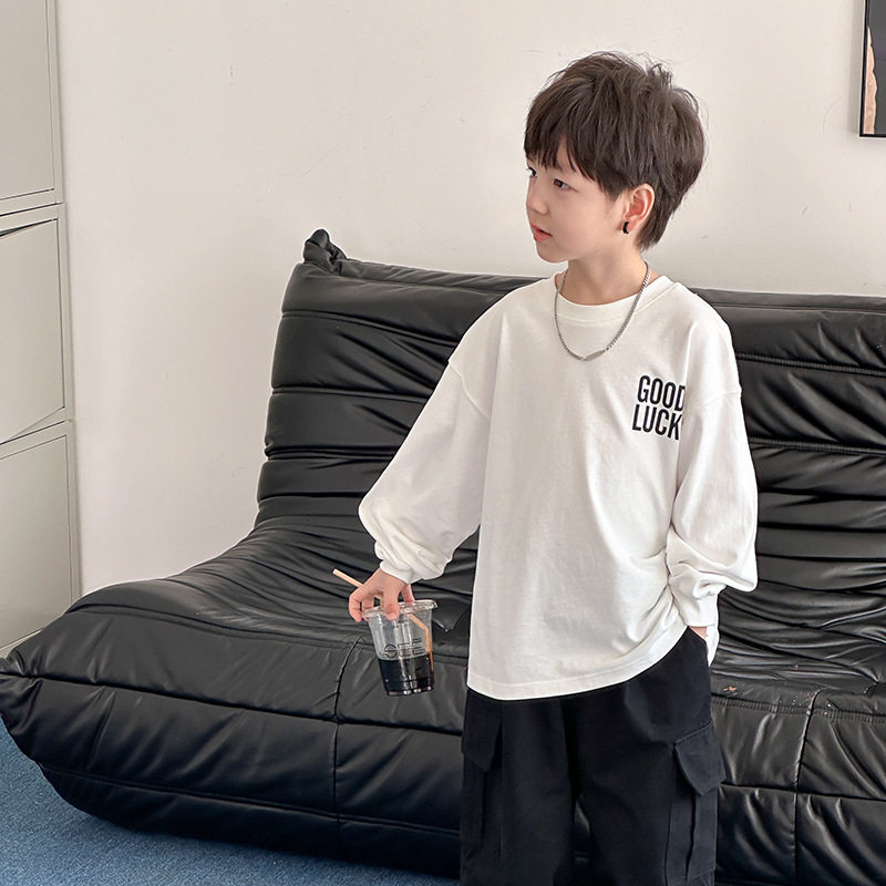儿童长袖T恤男童百搭字母上衣中大童纯棉宽松打底衫韩版休闲童装