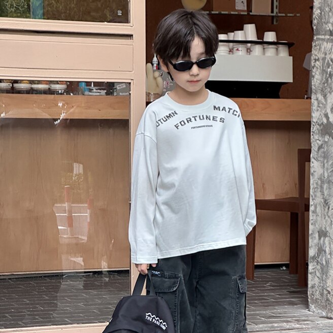 男童纯棉长袖T恤男简约字母印花宽松透气圆领百搭打底上衣中大童