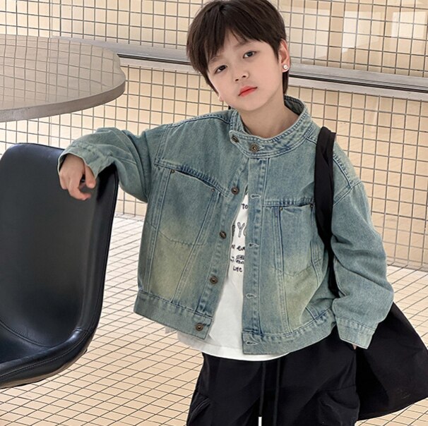 男童港风潮帅砂洗复古牛仔外套中大童韩版宽松休闲短款立领上衣潮