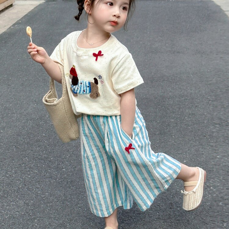 女童套装2026夏季新款卡通刺绣短袖T恤竖条纹九分阔腿裤两件套潮
