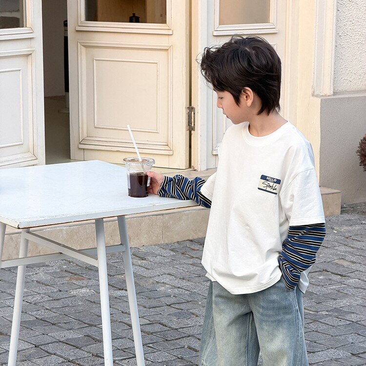 2026新款男童假两件T恤字母撞色宽松长袖打底衫中大童圆领上衣潮