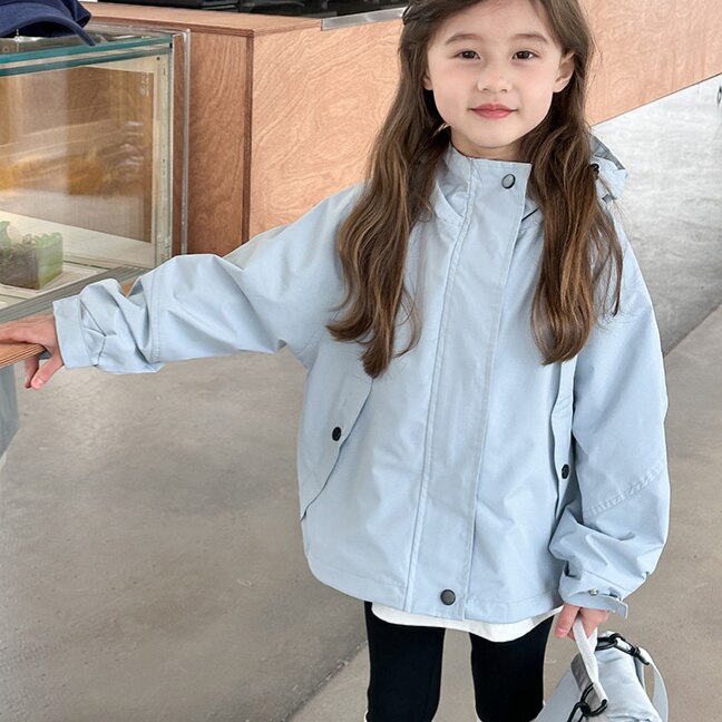 2026春新款女童连帽冲锋衣中大童防风抗皱休闲宽松百搭外套纯色潮