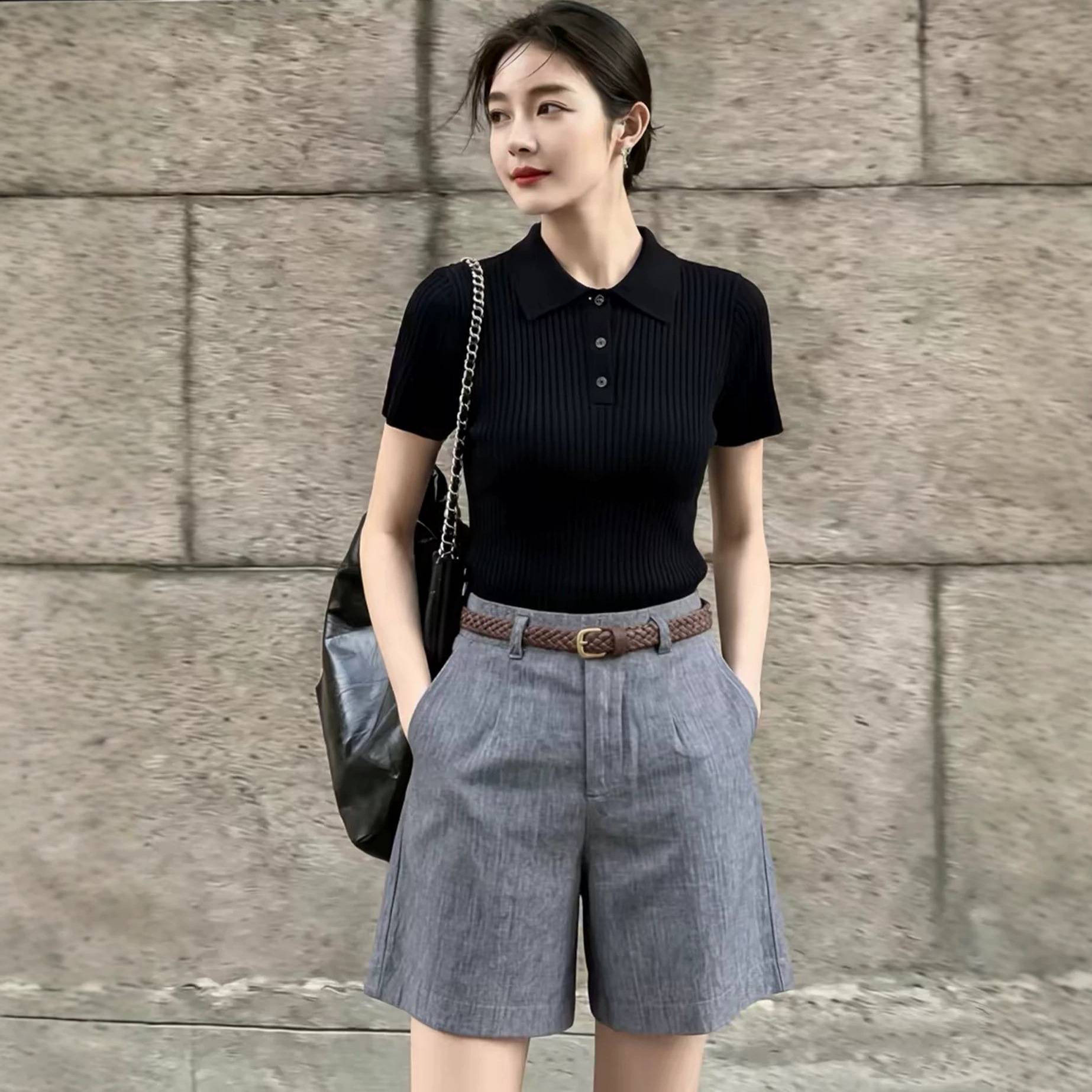 法式洋气巨好看一整套女2026夏季黑色短袖上衣高级感短裤两件套