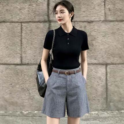 法式洋气巨好看一整套女2026夏季黑色短袖上衣高级感短裤两件套