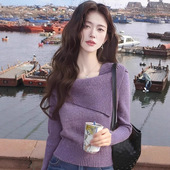 新款 女装 韩版 法式 一字肩锁骨翻领打底衫 女2025秋冬季 时尚 女 针织衫