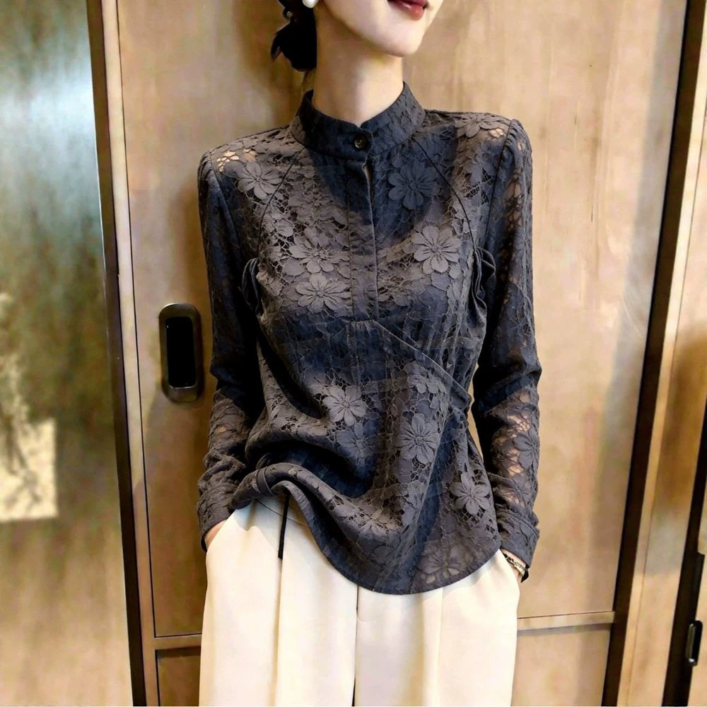 时尚韩版灰色上衣蕾丝衫立领长袖通勤个性修身2026秋季女装上衣