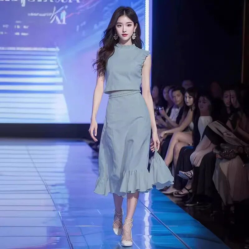 夏装搭配一整套时尚套装2026夏季新款高级感蓝色衬衫裙子两件套女