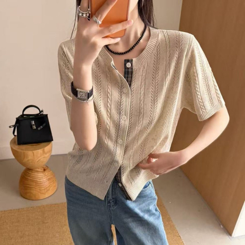 法式温柔风镂空针织开衫2026夏时尚女装打底小衫宽松百搭通勤上衣图片