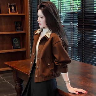 韩版MIU系美拉德翻领夹克复古感棕色短外套女秋冬小个子气质上衣