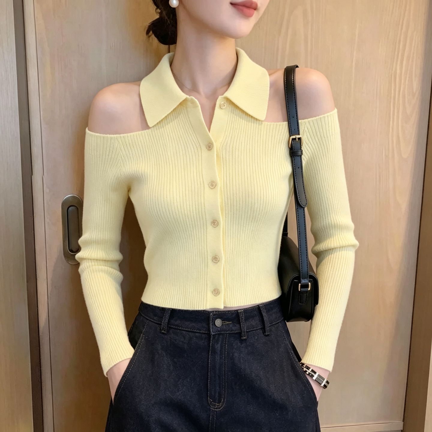 秋冬polo领小个子黄色挂脖毛衣针织打底开衫女内搭设计感露肩上衣