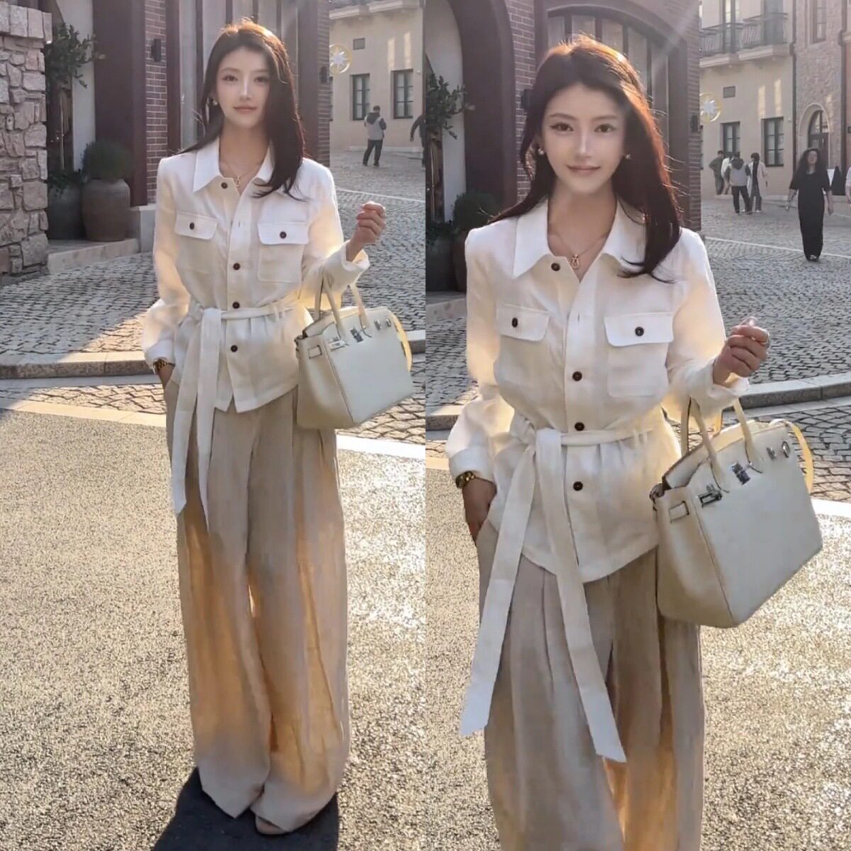 气质穿搭一整套装通勤设计感收腰系带衬衫阔腿裤子两件套女26新款