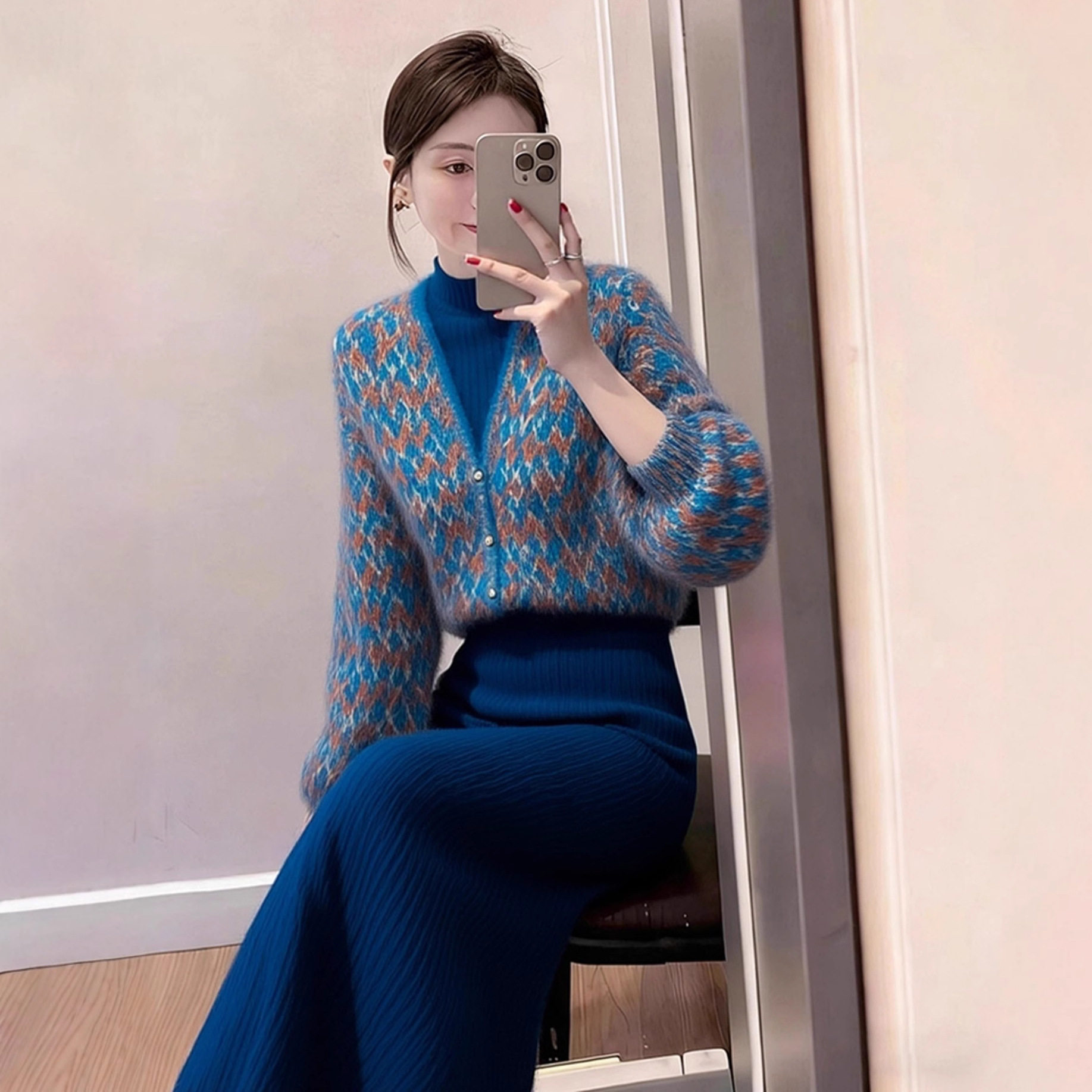 富家千金冬装小香风减龄气质花色针织衫毛衣蓝色针织裙子套装女