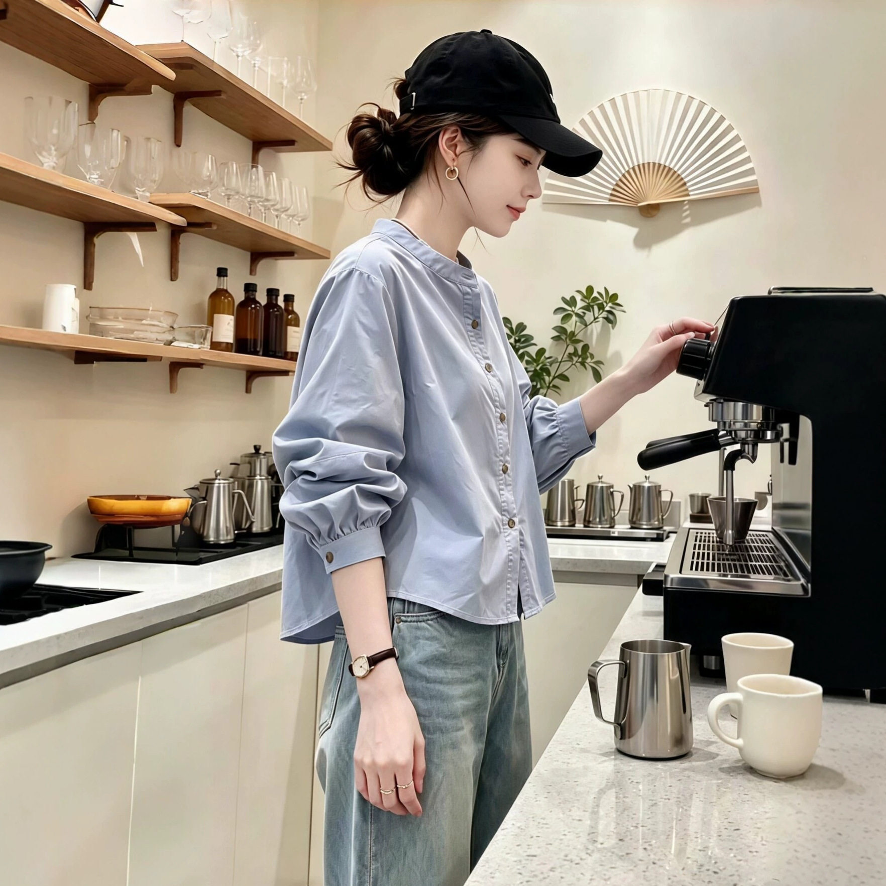 蓝色纽扣衬衣衬衫早秋装女款2026新款韩系穿搭设计感绝美气质上衣
