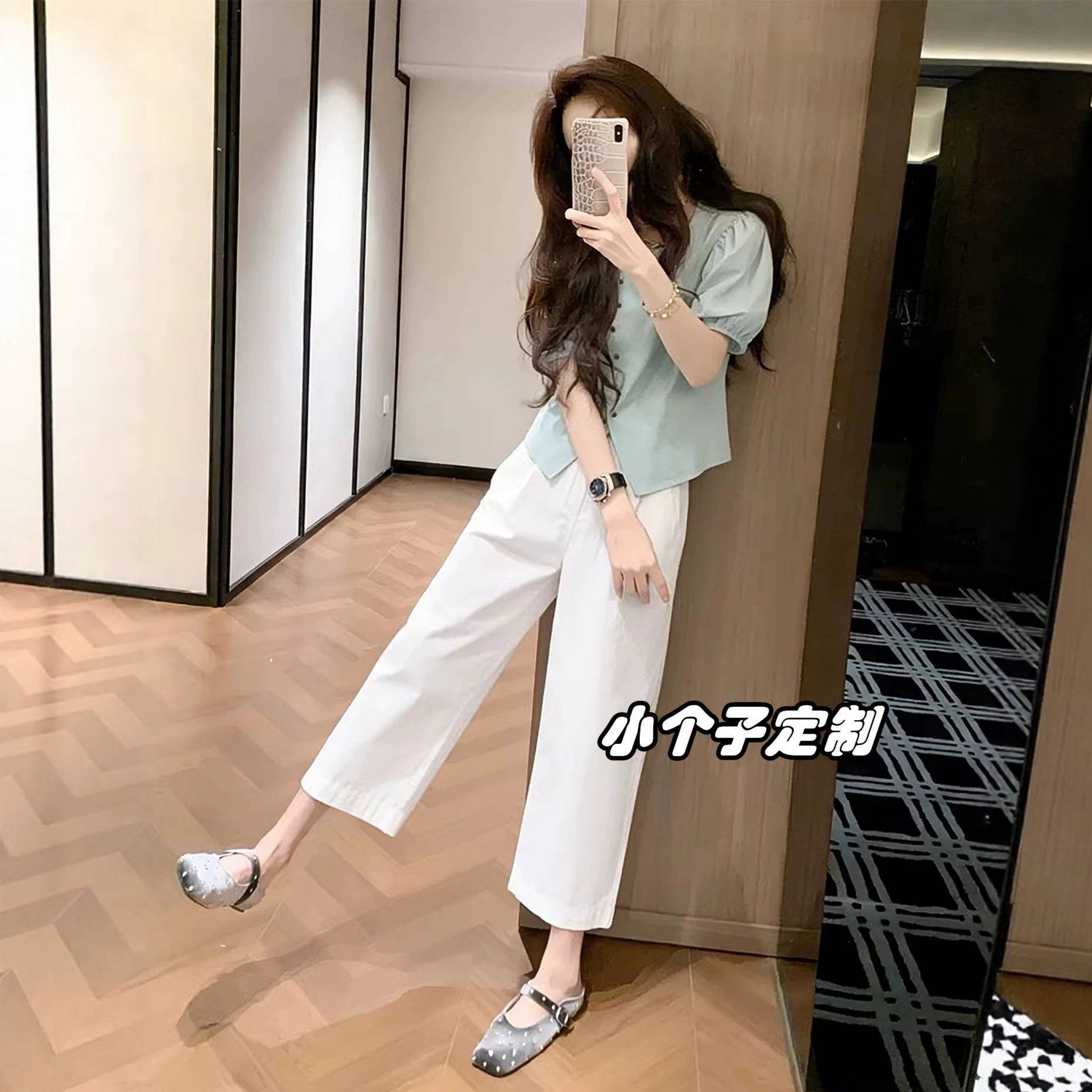 夏装搭配一整套盐系炸街巨好看套装女泡泡短袖衬衫阔腿裤两件套